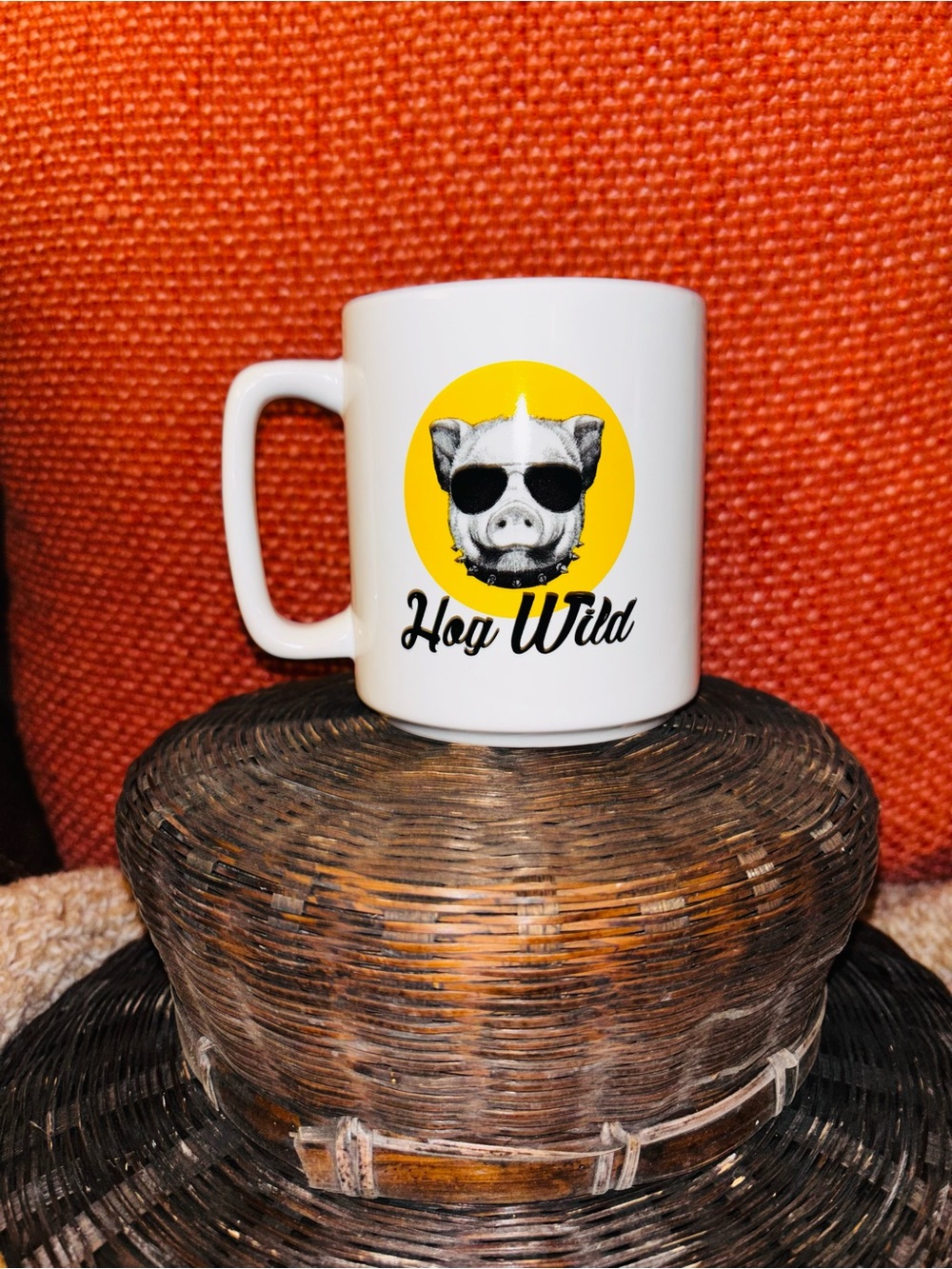 White 'Hog Wild' Ceramic Coffee Mug with Yellow Accent